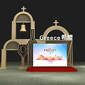 Greece Themed Display With Wooden Arch Cross Bell And City Tour Board