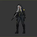 Tactical Female Character In Black Hooded Outfit With Yellow Accents And Rifle