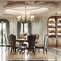 Elegant Classic Restaurant Interior With Chandelier Dining Table Chairs Wooden Cabinets And Marble Flooring