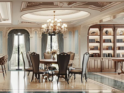 Elegant Classic Restaurant Interior With Chandelier Dining Table Chairs Wooden Cabinets And Marble Flooring 3d model