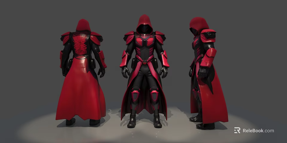 Game Movie Character In Red Cloak And Black Armor With Three Quarter Front Back Views 3d model 
