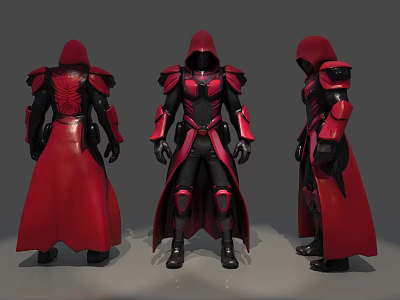 Game Movie Character In Red Cloak And Black Armor With Three Quarter Front Back Views 3d model