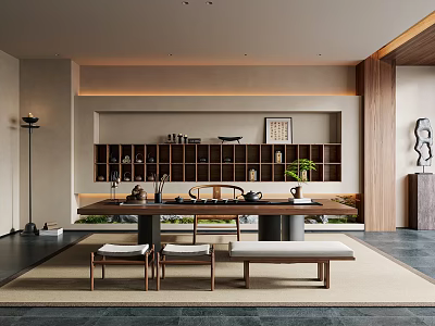 Modern Tea Room Interior With Long Wooden Table Benches And Decorative Shelves 3d model