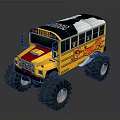 Yellow Monster School Bus With Large Tires Flame Decals And Black White Top