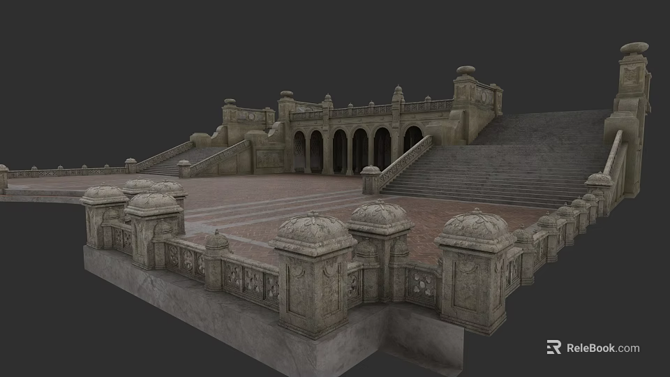 Classical Park Landscape With Stone Steps Arched Doorways And Ornate Railings 3d model 