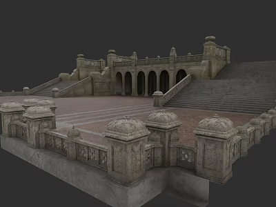 Classical Park Landscape With Stone Steps Arched Doorways And Ornate Railings 3d model