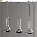 Three Modern Transparent Glass Conical Pendant Lights With Metallic Finishes