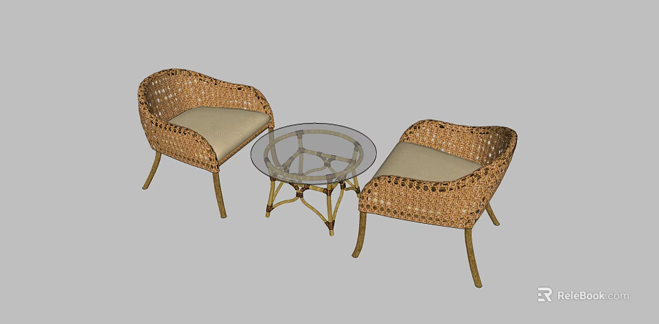 Rattan Table And Chair Set With Glass Top Table And Light Colored Cushions 3d model 