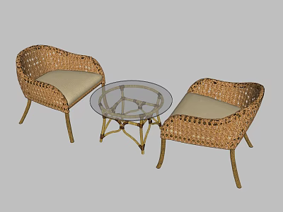 Rattan Table And Chair Set With Glass Top Table And Light Colored Cushions 3d model