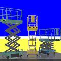Three Colored Mobile Scissor Lift Platforms With Guardrails And Wheels