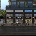 Nighttime Commercial Street With Modern Storefronts Bright Lighting And Wet Pavement