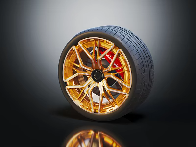Modern Car Tire Featuring Golden Rim Red Brake Caliper And Stylish Tread Design 3d model