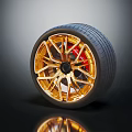 Modern Car Tire Featuring Golden Rim Red Brake Caliper And Stylish Tread Design