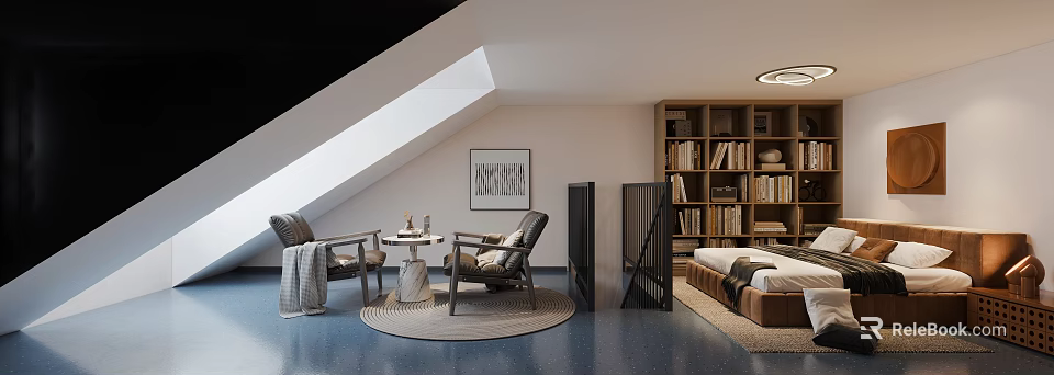 Attic Hotel Guest Room Interior With Sloped Ceiling Window Armchairs Round Side Table And Bookshelf 3d model 