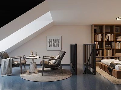 Attic Hotel Guest Room Interior With Sloped Ceiling Window Armchairs Round Side Table And Bookshelf 3d model