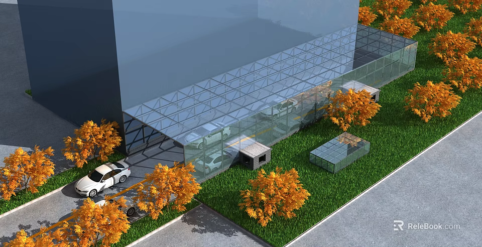 Modern Glass Building Exterior With Green Lawn Orange Trees And White Car 3d model 