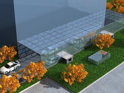 Modern Glass Building Exterior With Green Lawn Orange Trees And White Car 3d model