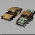 Rusty Vintage Cars Exterior View Of Two Worn Yellow And Turquoise Old Vehicles