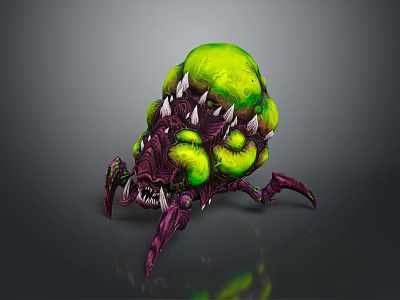Terrifying Monster Creature With Bulbous Green Head And Purple Spiked Limbs 3d model