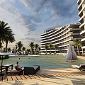 Coastal Commercial Street with Beachfront Area High Rise Buildings and Green Landscaping