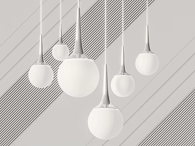 Modern Minimalist Pendant Lights With White Spherical Shades Silver Frames Against Diagonal Striped Wall 3d model