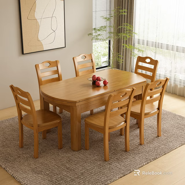 Restaurant Dining Area With Oval Wooden Table Six Chairs Fruit Bowl Decorative Painting And Plant 3d model 