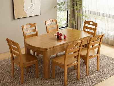 Restaurant Dining Area With Oval Wooden Table Six Chairs Fruit Bowl Decorative Painting And Plant 3d model