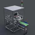Automated Industrial Equipment With Protective Enclosure Green Conveyor Belt Signal Light And Blue Collection Bin