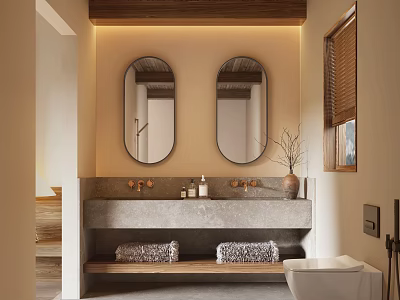 Hotel Bathroom With Double Oval Mirrors Wooden Ceiling Concrete Vanity And Natural Light 3d model