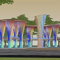 Modern Colorful Pergola Structure With Multicolored Columns And Surrounding Trees 3d model