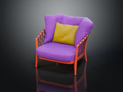 Purple Single Sofa With Yellow Cushion Orange Woven Armrests And Legs 3d model