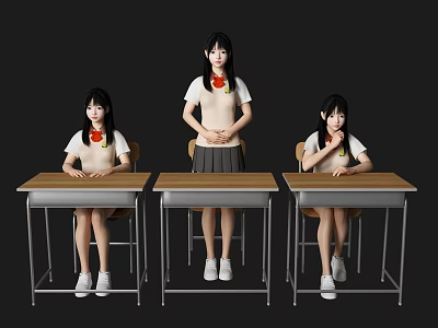 Young School Girls in Uniform Sitting at Desks with Different Poses 3d model