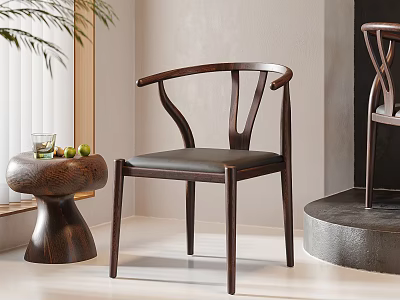Modern Wooden Dining Chair With Curved Backrest And Black Leather Seat 3d model
