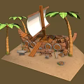 Cartoon Pirate Beach Scene with Wooden Boat Palm Trees and Barrels on Sand