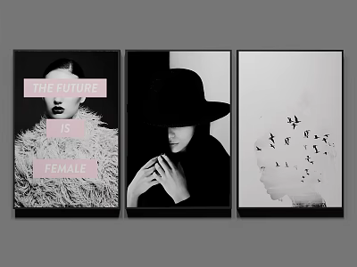 Black And White Female Portrait Triptych Wall Art With Hat And Birds Elements 3d model