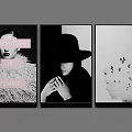 Black And White Female Portrait Triptych Wall Art With Hat And Birds Elements