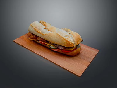 Chicken As Main Ingredient In Delicious Sandwich On Wooden Board 3d model
