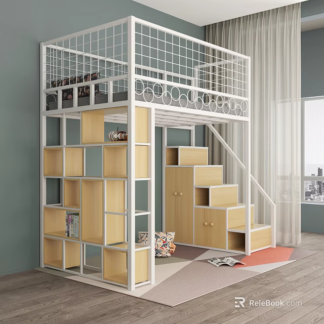 Modern Light Wood Bunk Bed With White Guardrail Staircase Storage Drawers And Bookshelf 3d model 