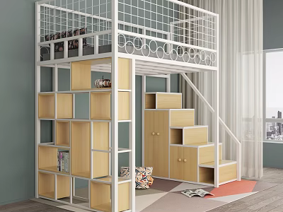 Modern Light Wood Bunk Bed With White Guardrail Staircase Storage Drawers And Bookshelf 3d model