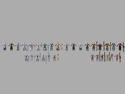 Game and Movie Characters with Various Costumes and Different Poses Arranged in Rows 3d model