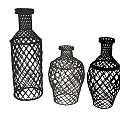 Three Black Wicker Vases With Intricate Openwork Design For Home Decor 3d model