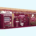 Costa Coffee Cafe Exterior With Red Facade Striped Awning Street Lamp And Bench