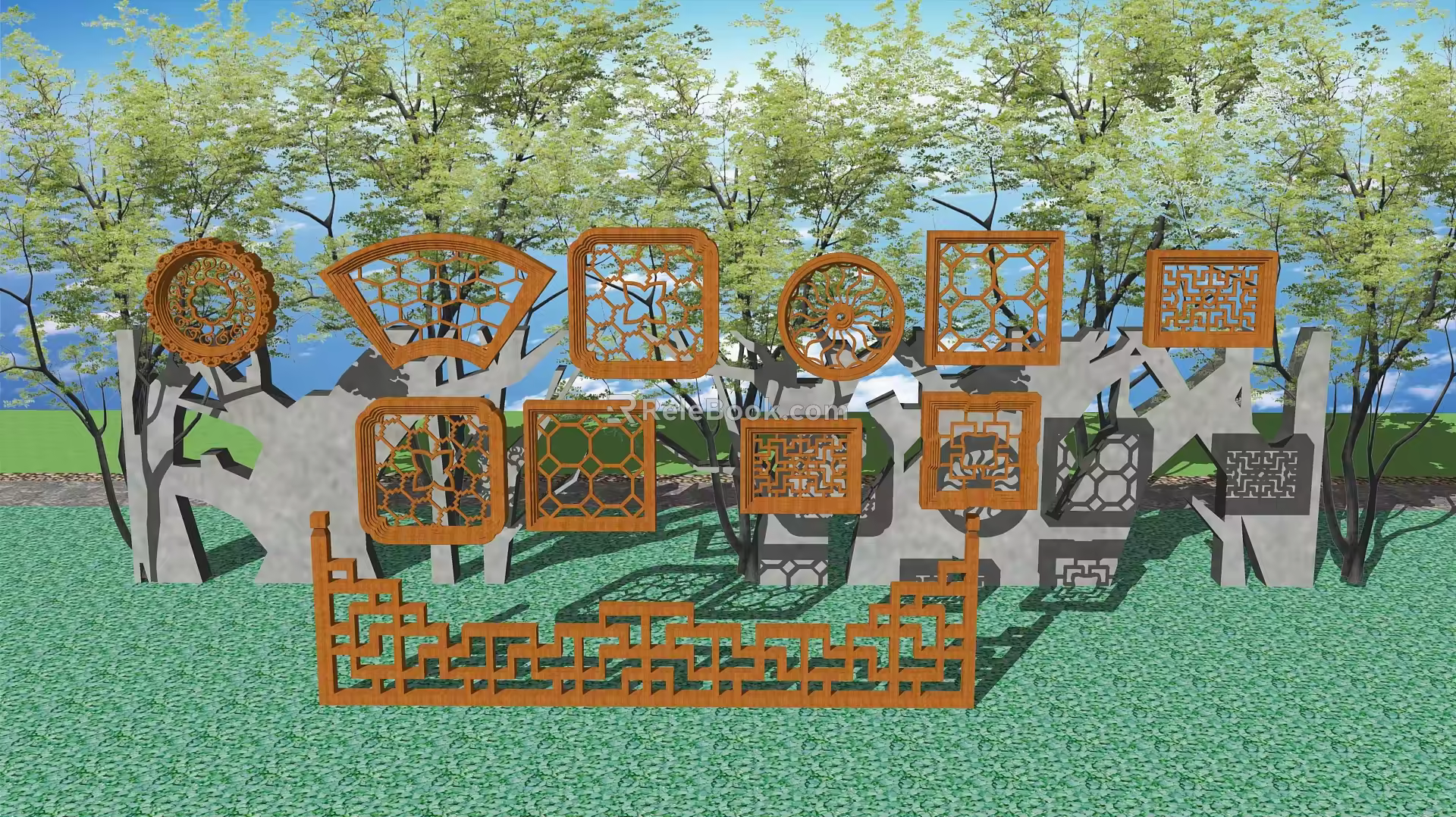 Chinese-style engraved window and door combination 3d model