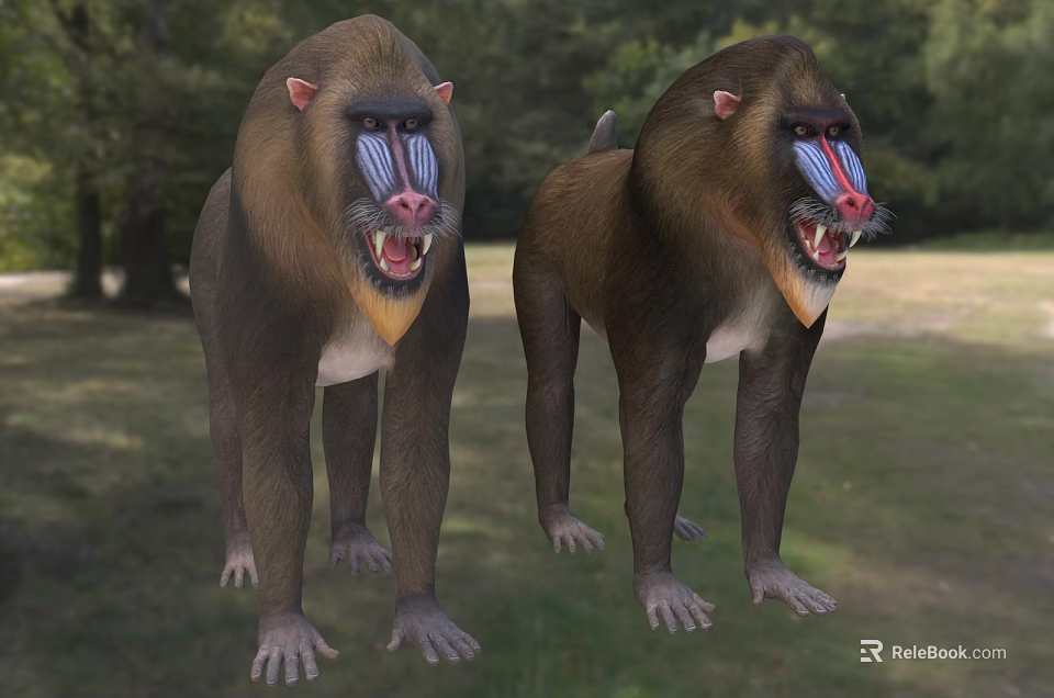 Two Fierce Reptiles Standing On Grassy Field With Trees Background Open Mouth 3d model 