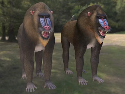 Two Fierce Reptiles Standing On Grassy Field With Trees Background Open Mouth 3d model
