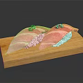 Two Pieces of Pink Sushi Placed on Wooden Board With Green Garnish