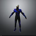 Man With White Hair In Black And Blue Armored Outfit Standing Pose