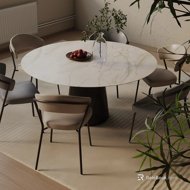 Elegant Modern Round Dining Table Set with Marble Top Gray Chairs Metal Legs and Vase 3d model 
