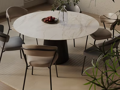 Elegant Modern Round Dining Table Set with Marble Top Gray Chairs Metal Legs and Vase 3d model