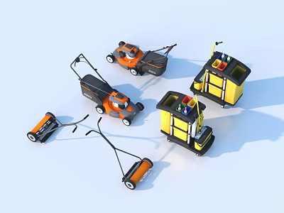 Various Lawn Mowers And Cleaning Carts With Utility Tools For Outdoor Use 3d model